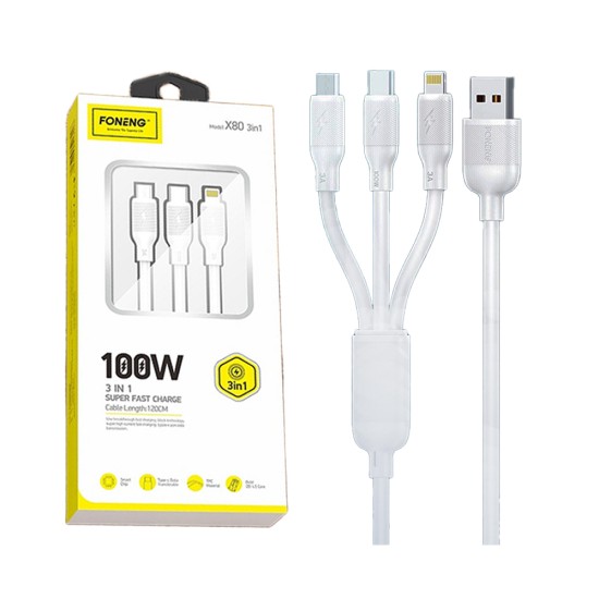 Foneng 3 in 1 Super Charge Data Cable X80 (Micro+Lightning+Type-C) 100W White